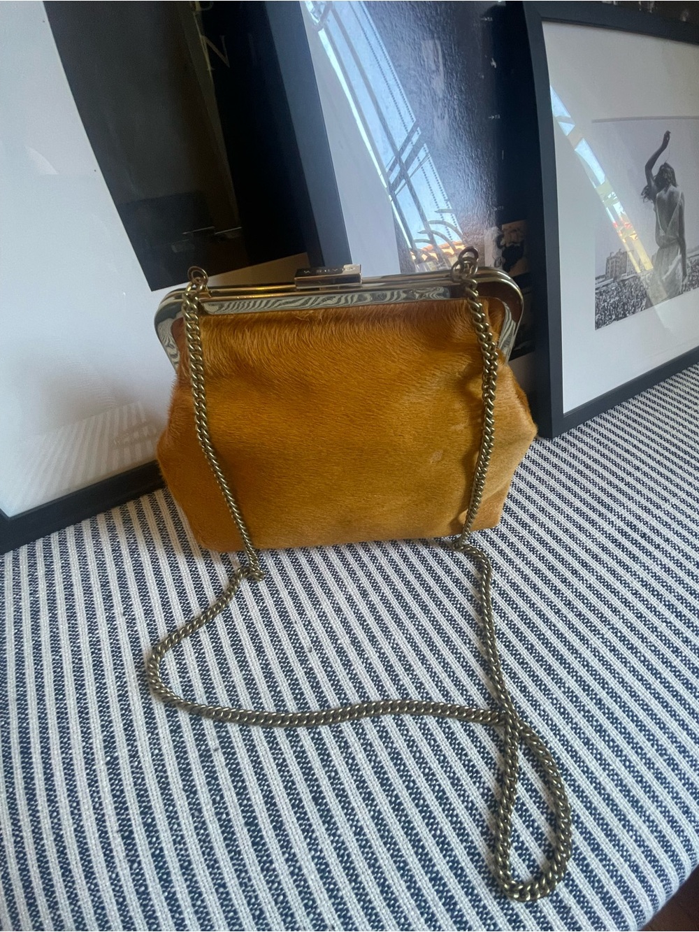 Clare V Goldenrod Flore Bag w Gold Frame and Brass Chain - Picture 6 of 9